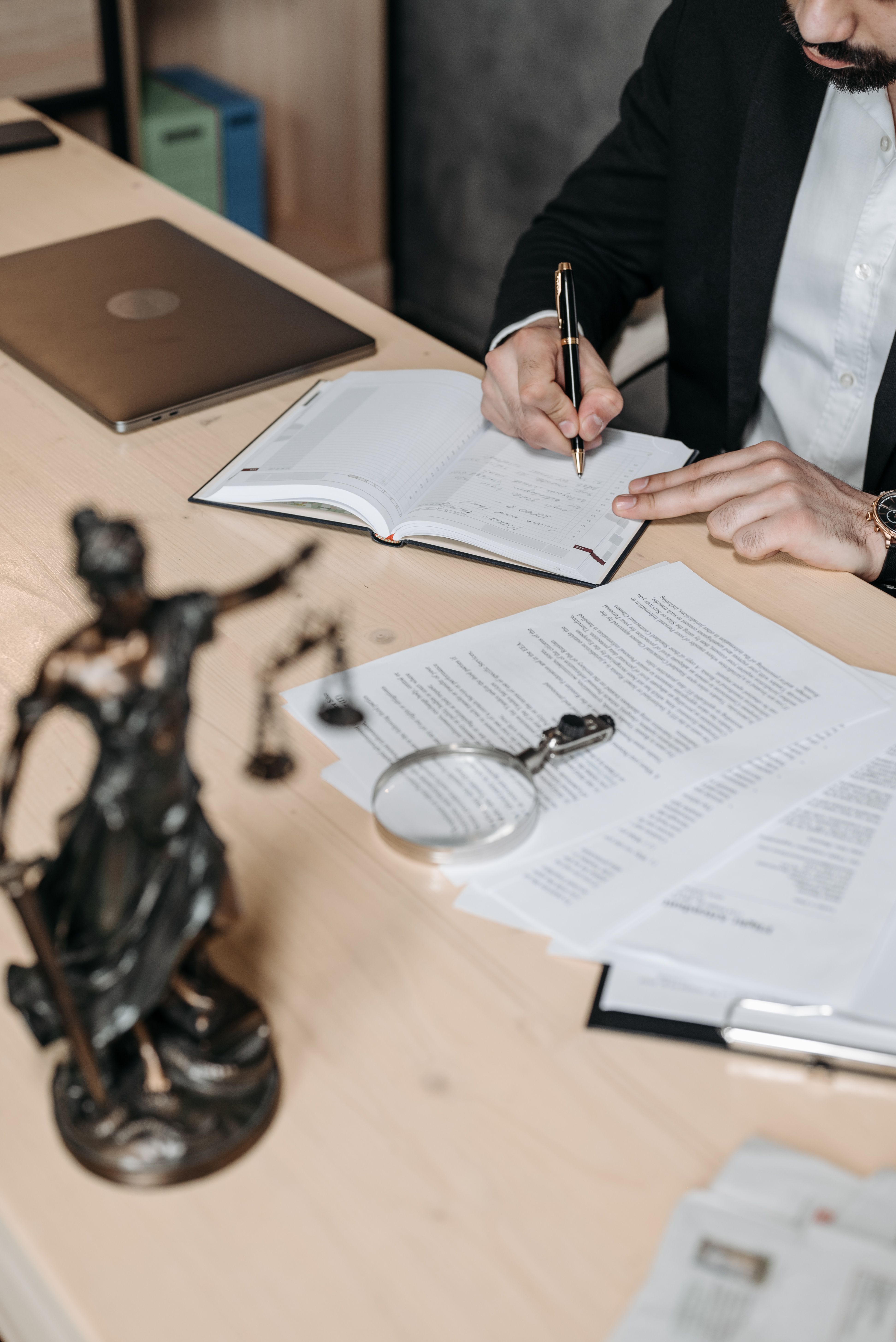 Professional law office setting with legal books and documents